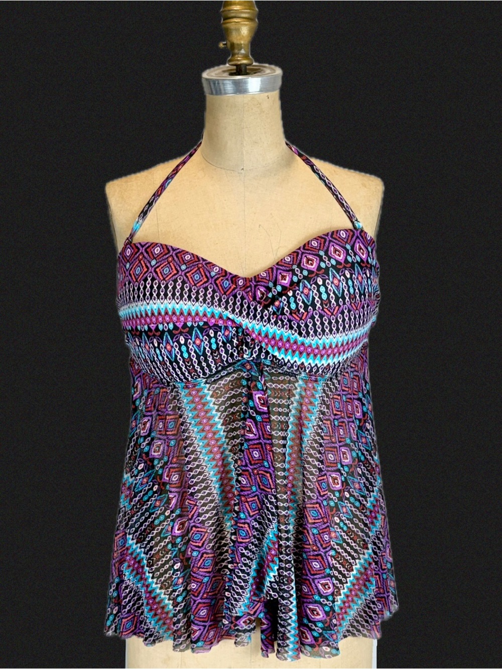 Boho tribal swim tank tip tankini‎ purple blue babydoll flowy halter open back